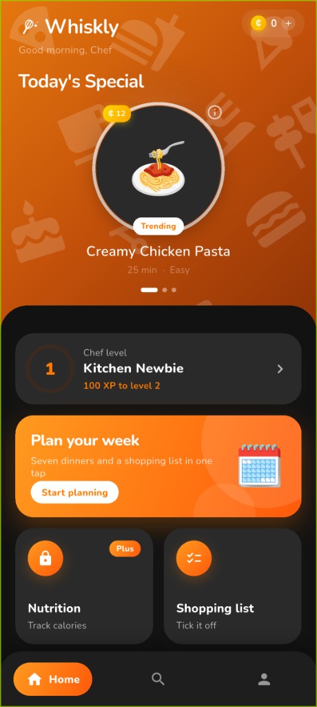 Whiskly home in dark mode with Plan your week
