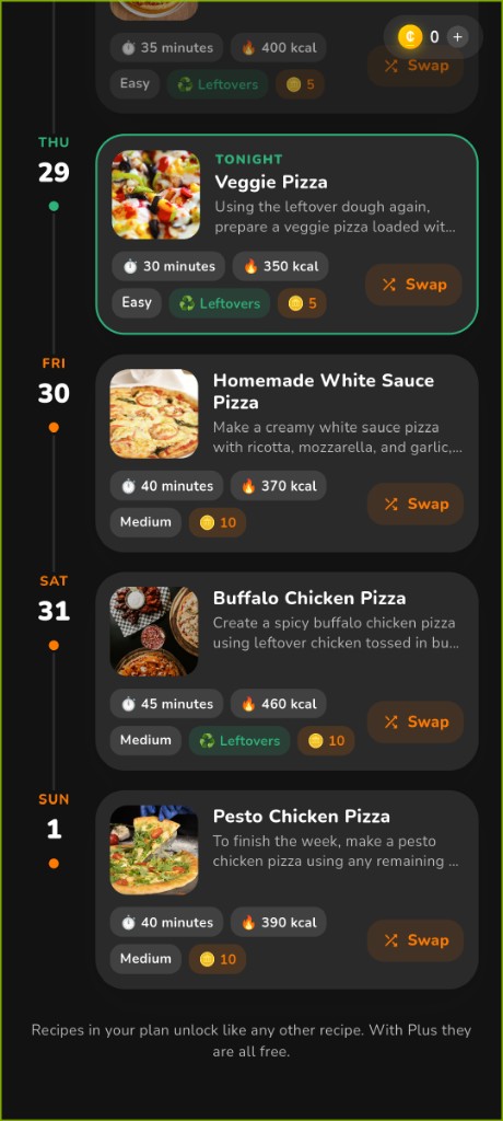 Weekly plan timeline in dark mode with leftovers and swaps
