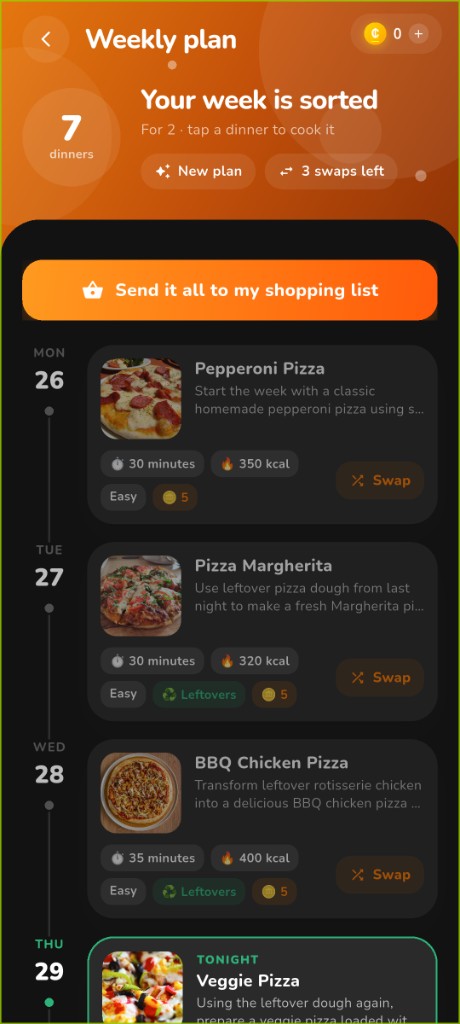 Weekly plan sorted in dark mode
