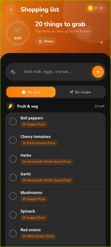 Shopping list in dark mode grouped by aisle
