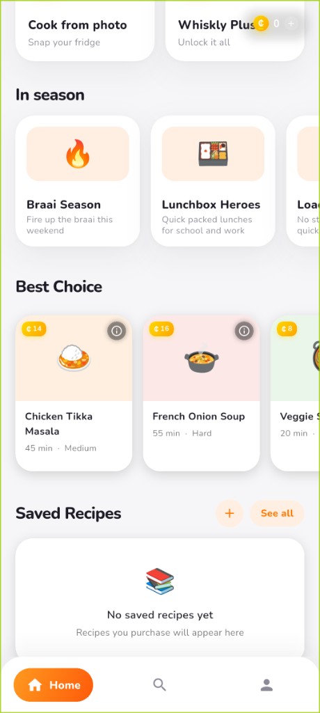 Home shortcuts for nutrition, shopping list, photo scan, and Plus
