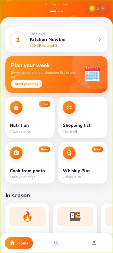 Whiskly home with Plan your week and feature shortcuts