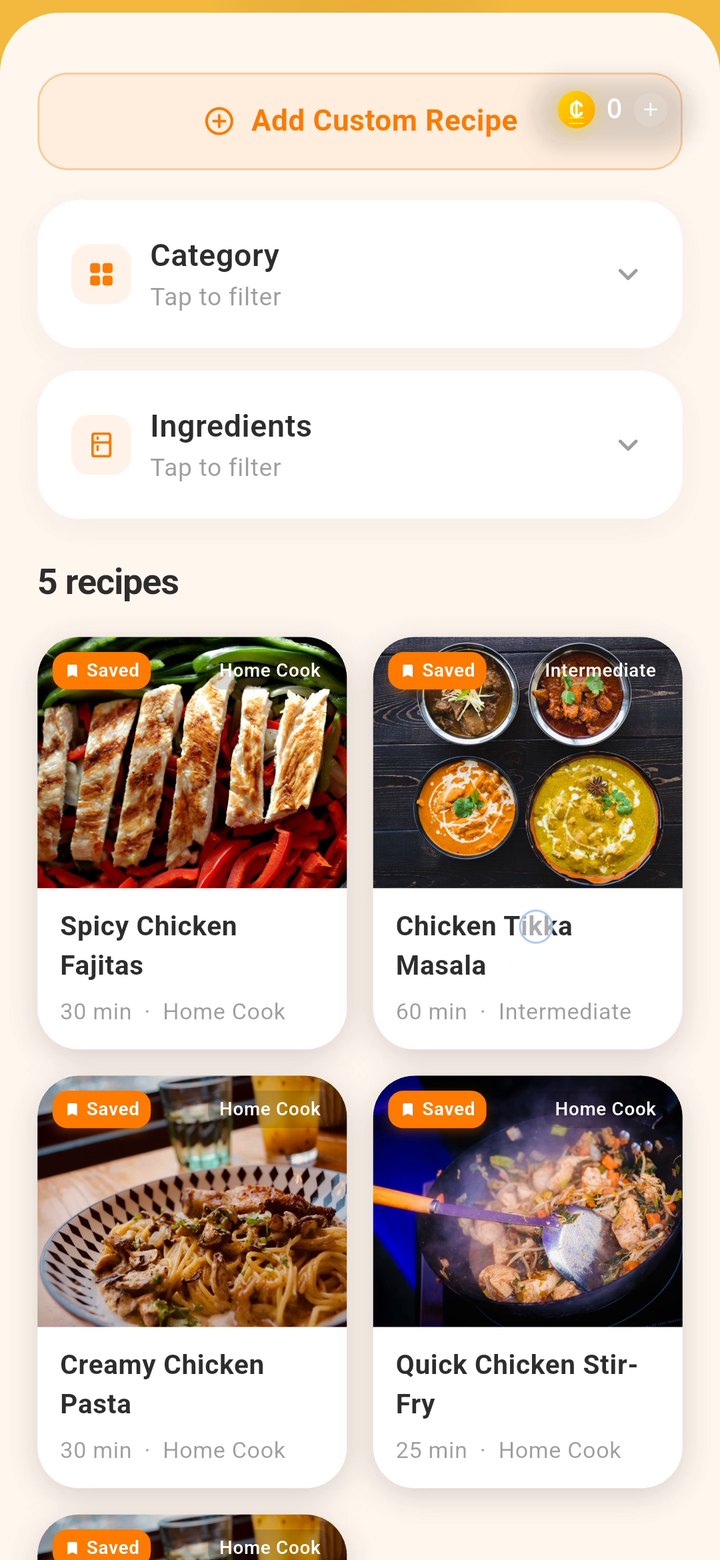 Saved recipes on the home screen