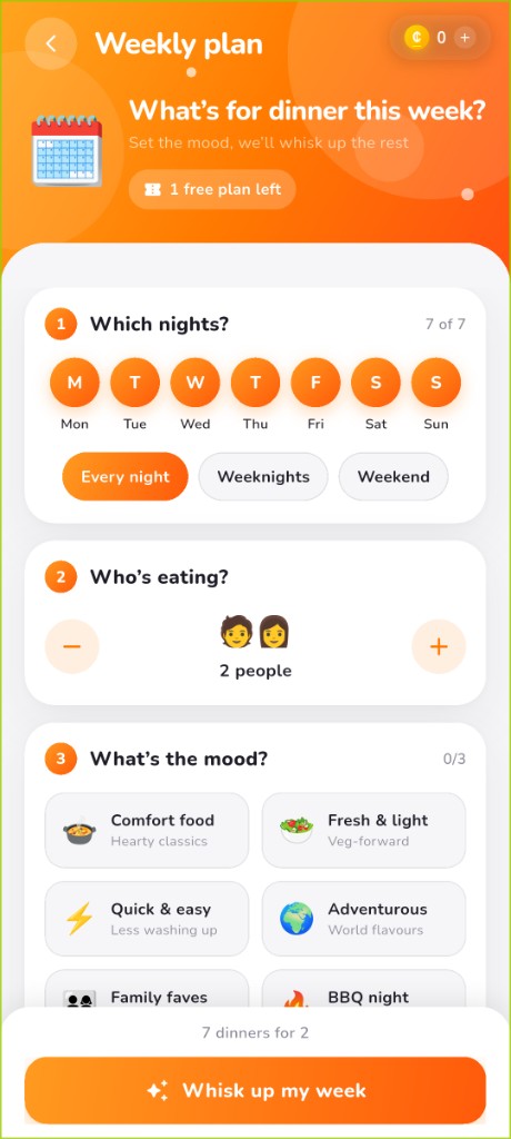 Weekly plan setup: nights, people, and mood